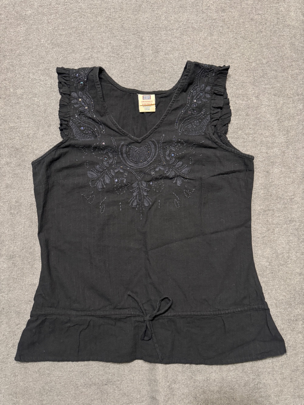 Vintage faded glory black Embroidered Ruffle Sleeve Tank Top